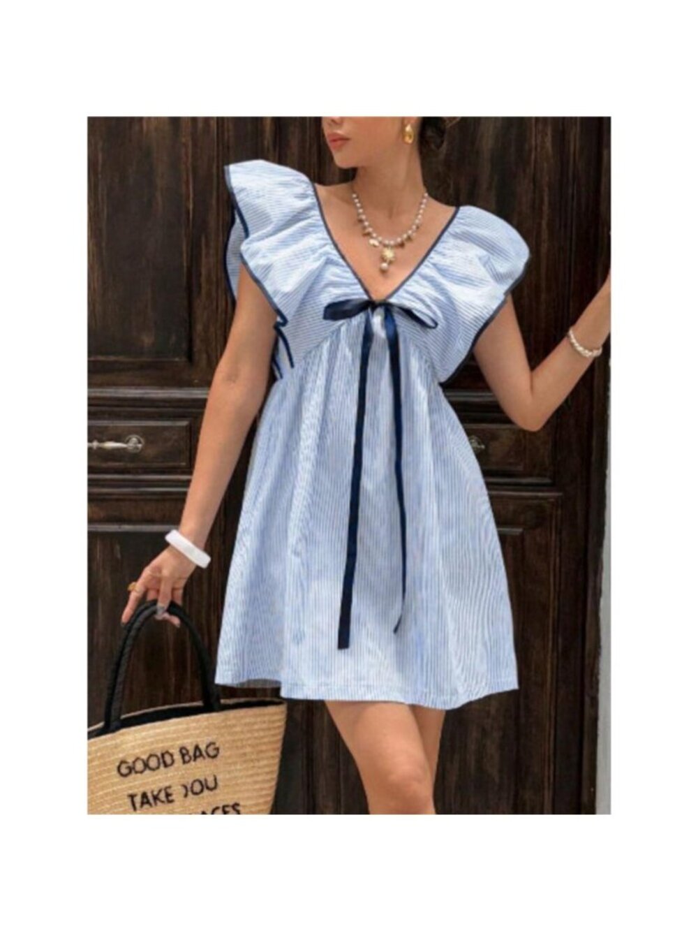 Striped Ruffle Sleeve Mini Dress - Picture 5 of 13